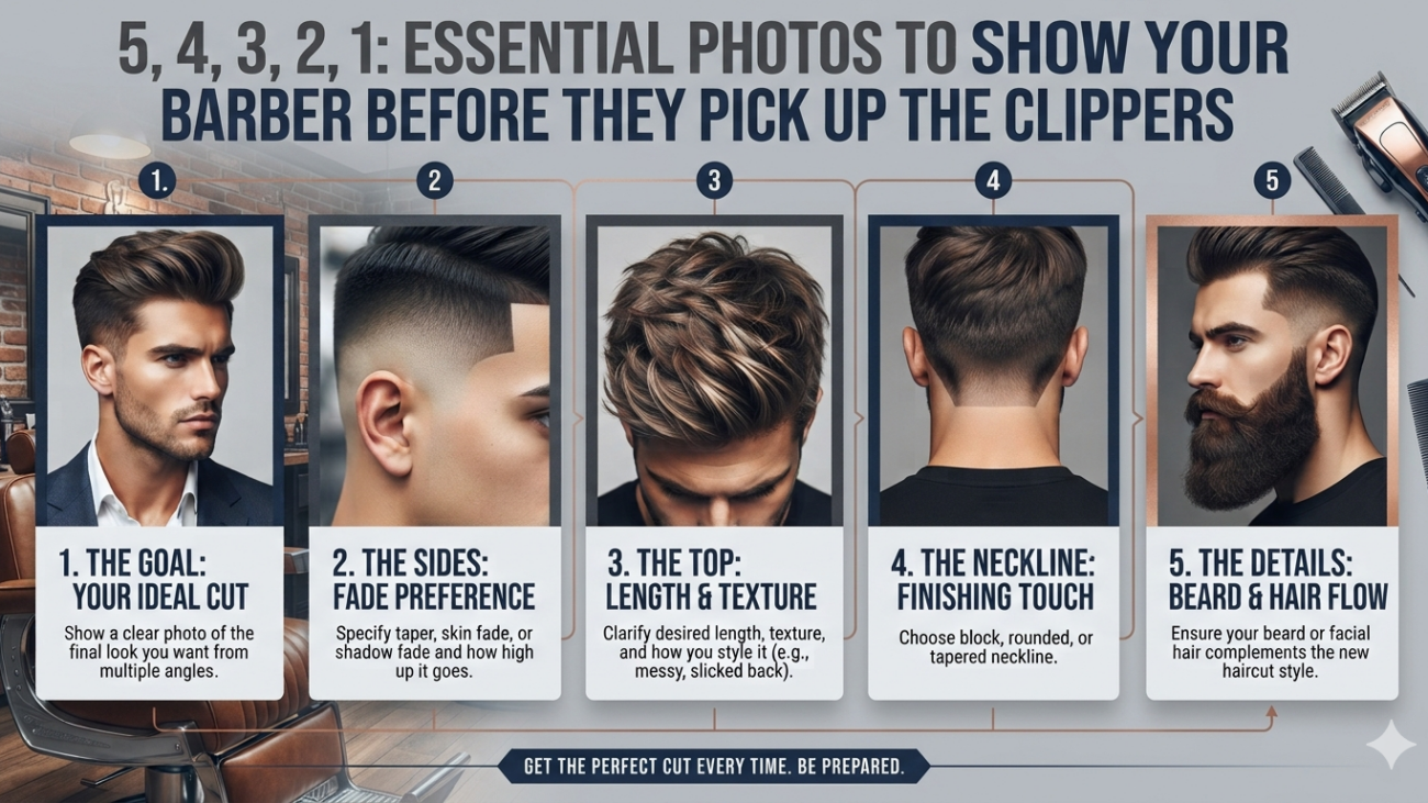 Infographic of 5 haircut photos to show your barber at MEN ZONE Barbershop in Oakville.