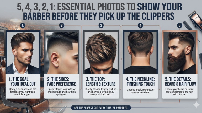 Infographic of 5 haircut photos to show your barber at MEN ZONE Barbershop in Oakville.