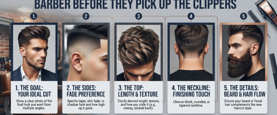 Infographic of 5 haircut photos to show your barber at MEN ZONE Barbershop in Oakville.