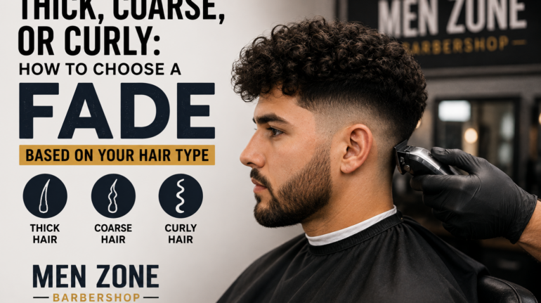 A barber gives a fade haircut to a man with curly hair, illustrating how to choose the right fade for thick, coarse, or curly hair. MEN ZONE Barbershop branding is visible.