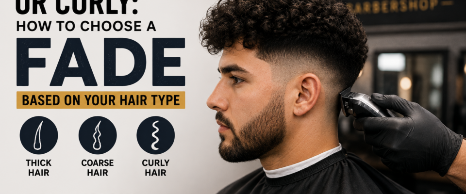 A barber gives a fade haircut to a man with curly hair, illustrating how to choose the right fade for thick, coarse, or curly hair. MEN ZONE Barbershop branding is visible.