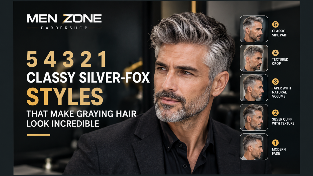 5 classy silver-fox hairstyles for men with graying hair, including a side part, textured crop, taper, quiff, and modern fade at MEN ZONE Barbershop