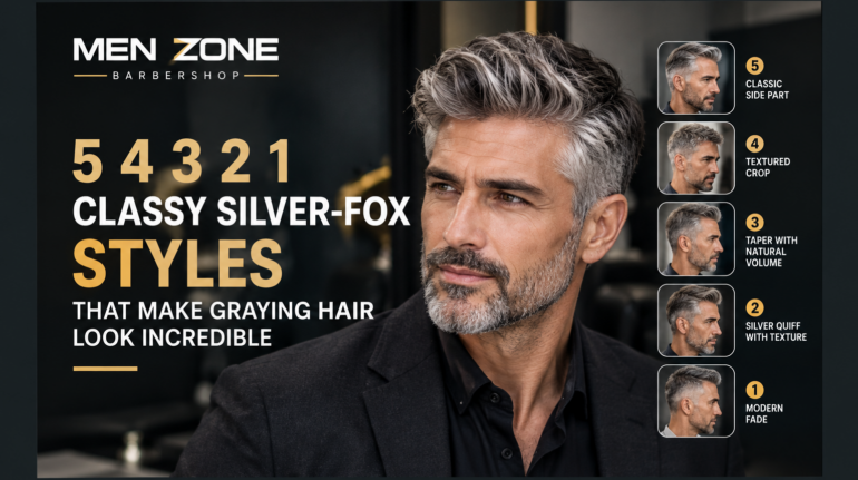 5 classy silver-fox hairstyles for men with graying hair, including a side part, textured crop, taper, quiff, and modern fade at MEN ZONE Barbershop