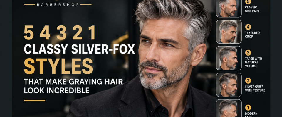 5 classy silver-fox hairstyles for men with graying hair, including a side part, textured crop, taper, quiff, and modern fade at MEN ZONE Barbershop