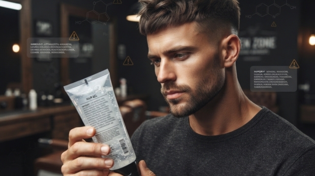 Man examining hair gel ingredients with MEN ZONE hair care tips