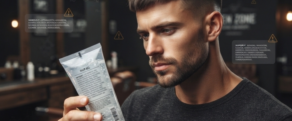 Man examining hair gel ingredients with MEN ZONE hair care tips