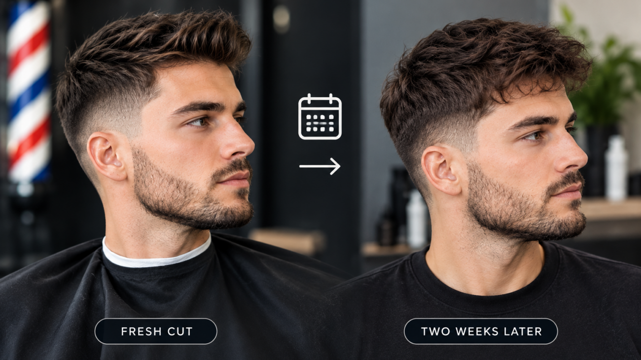 Fresh haircut vs. two-week hair growth showing how a barber in Toronto creates a style that grows out naturally.
