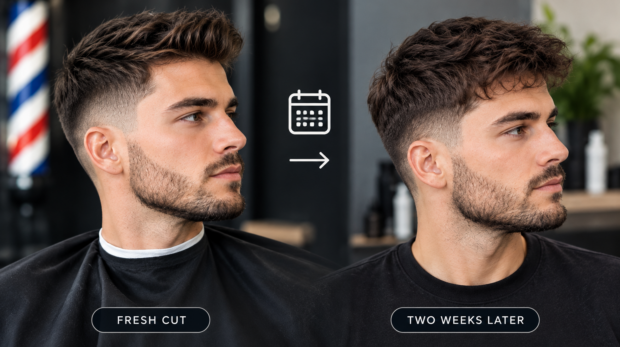 Fresh haircut vs. two-week hair growth showing how a barber in Toronto creates a style that grows out naturally.