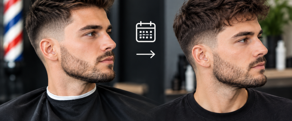 Fresh haircut vs. two-week hair growth showing how a barber in Toronto creates a style that grows out naturally.